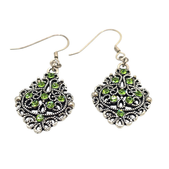 Pierced Earrings Filigree Dangle Drop Silver Tone Green Rhinestone Hook Boho - Picture 3 of 7